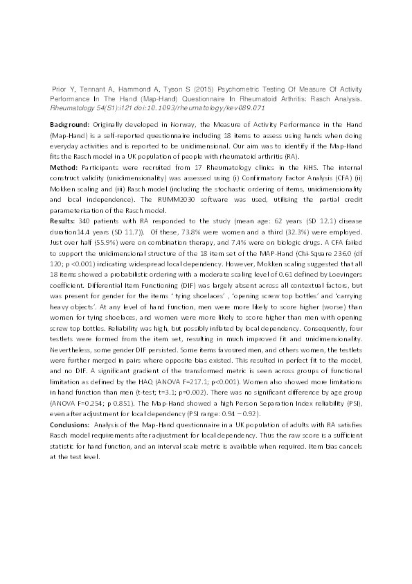 Psychometric testing of Measure of Activity Performance in the Hand (Map-Hand) Questionnaire in rheumatoid arthritis : Rasch analysis Thumbnail