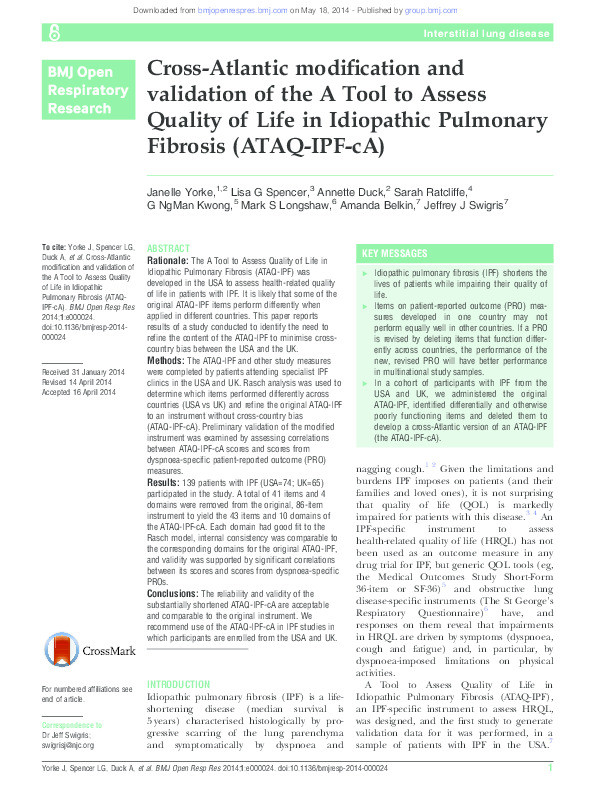 Cross-Atlantic modification and validation of the A Tool to assess quality of life in idiopathic pulmonary fibrosis (ATAQ-IPF-cA) Thumbnail