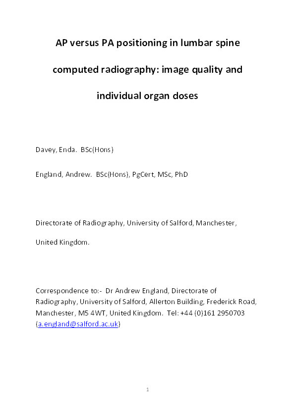 AP versus PA positioning in lumbar spine computed radiography : Image quality and individual organ doses Thumbnail