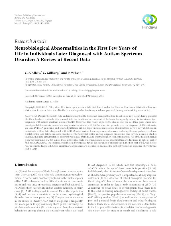 Neurobiological abnormalities in the first few years of life in individuals later diagnosed with autism spectrum disorder : A review of recent data Thumbnail