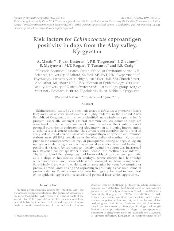 Investigation of risk factors for Echinococcus coproantigen positivity in dogs in the Alay valley, Kyrgyzstan Thumbnail