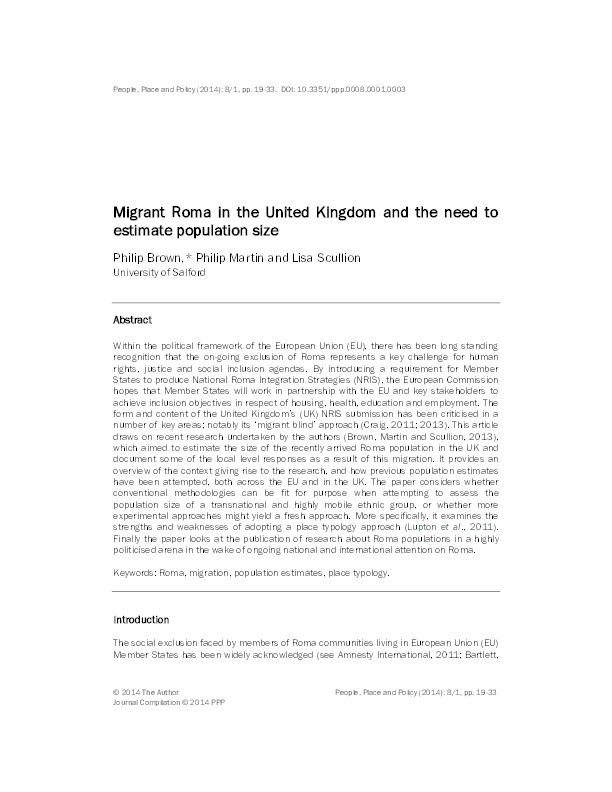 Migrant Roma in the United Kingdom and the need to estimate population size Thumbnail