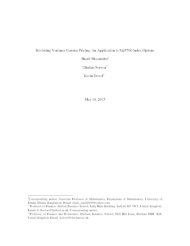 Revisiting variance gamma pricing : an application to S&P500 index options Thumbnail