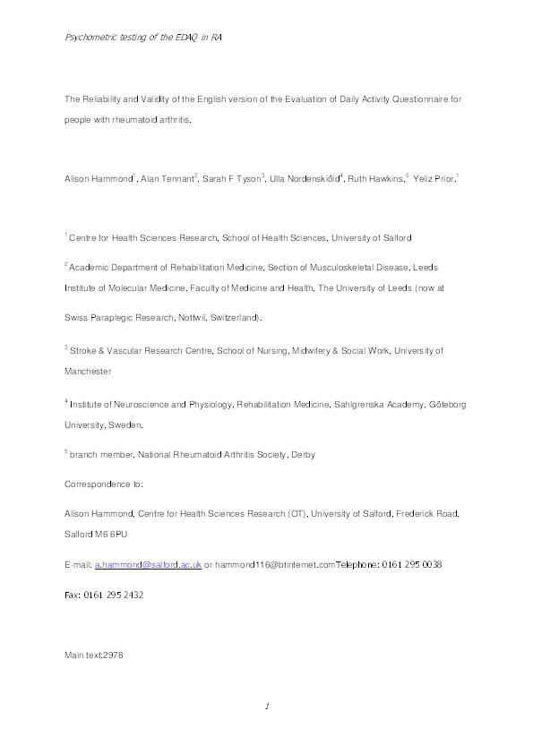 The reliability and validity of the English version of the Evaluation of Daily Activity Questionnaire in people with rheumatoid arthritis Thumbnail