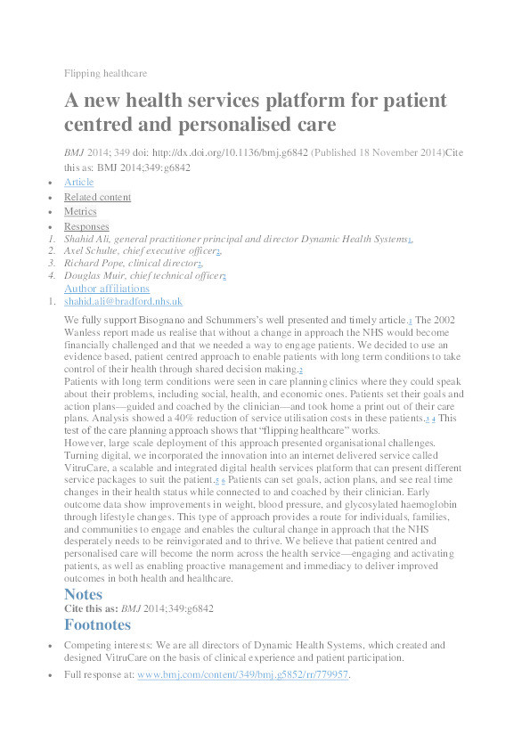 A new health services platform for patient centred and personalised care Thumbnail
