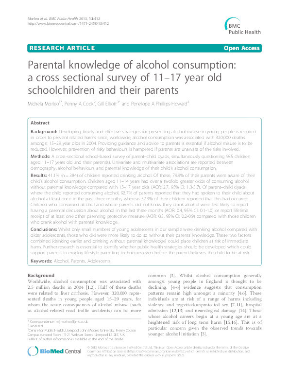 Parental knowledge of alcohol consumption : a cross sectional survey of 11-17 year old schoolchildren and their parents Thumbnail