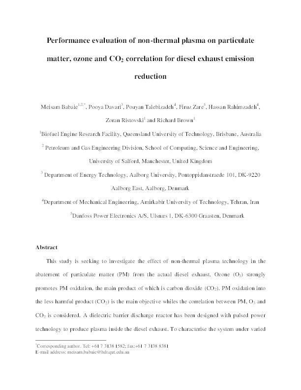 Performance evaluation of non-thermal plasma on particulate matter, ozone and CO2 correlation for diesel exhaust emission reduction Thumbnail