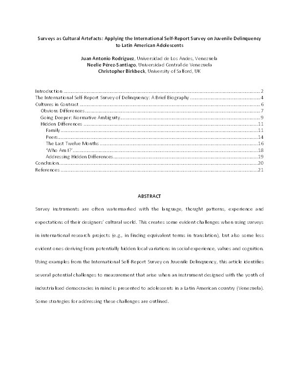 Surveys as cultural artefacts : applying the international self-report delinquency study to Latin American adolescents Thumbnail