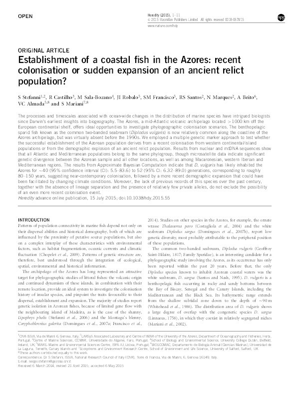 Establishment of a coastal fish in the Azores : recent colonisation or sudden
expansion of an ancient relict population? Thumbnail