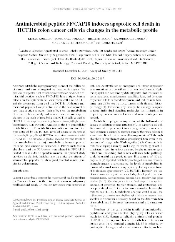 Antimicrobial peptide FF/CAP18 induces apoptotic cell death in HCT116 colon cancer cells via changes in the metabolic profile Thumbnail