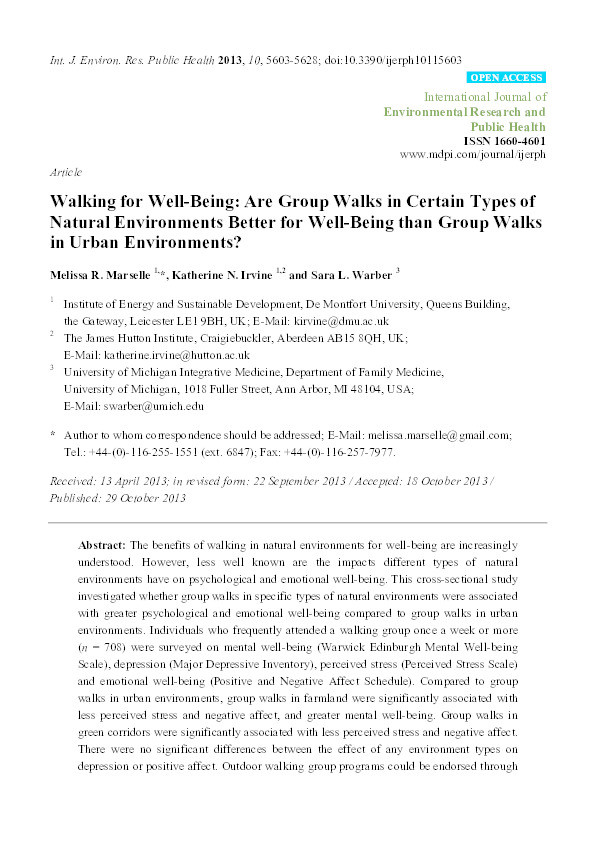 Walking for well-being: are group walks in certain types of natural environments better for well-being than group walks in urban environments? Thumbnail