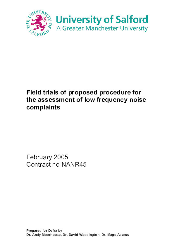 Field trials of proposed procedure for the assessment of low frequency noise complaints Thumbnail