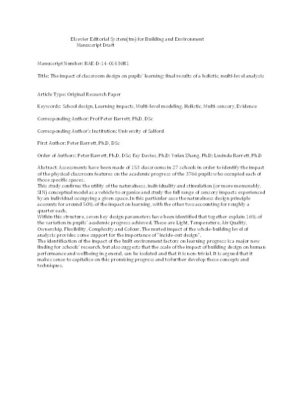 The impact of classroom design on pupils' learning: final results of a holistic, multi-level analysis Thumbnail