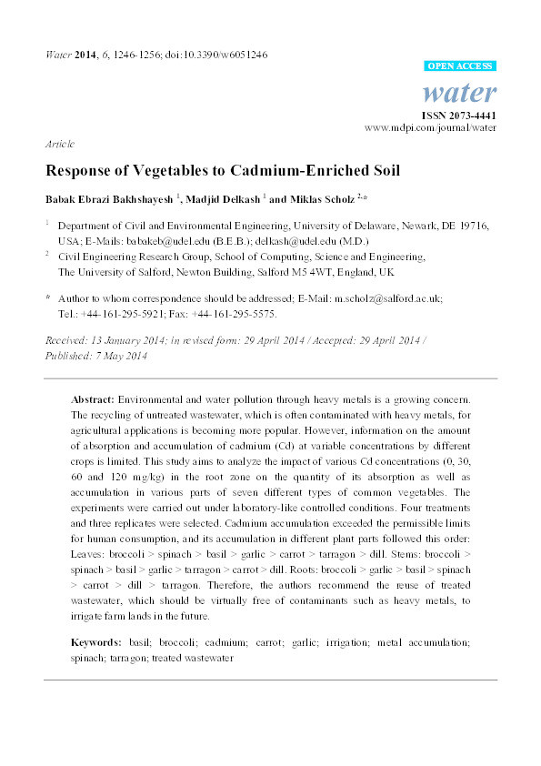 Response of vegetables to cadmium-enriched soil Thumbnail