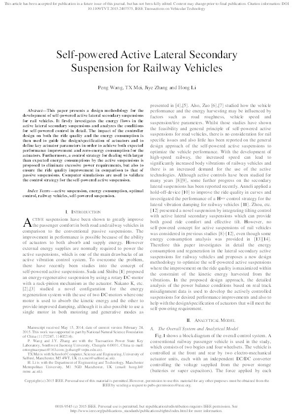 Self-powered active lateral suspension for railway vehicles Thumbnail