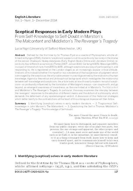 Sceptical responses in early modern plays : from self-knowledge to self-doubt in Marston’s The Malcontent and Middleton’s The Revenger’s Tragedy Thumbnail