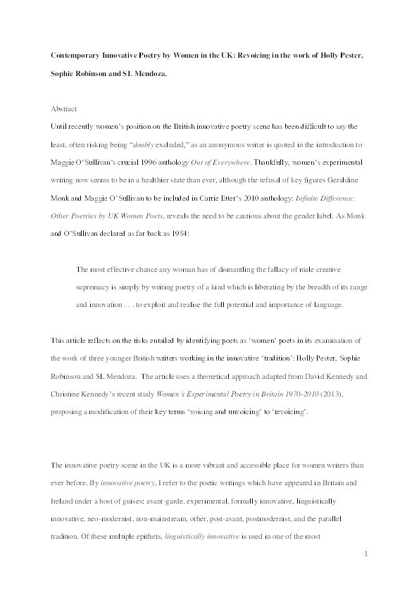 Contemporary innovative poetry by women in the UK : Revoicing in the work of Holly Pester, SL Mendoza and Sophie Robinson Thumbnail