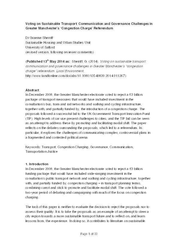 Voting on sustainable transport: communication and governance challenges in Greater Manchester's ‘congestion charge’ referendum Thumbnail