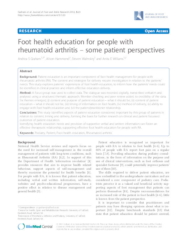 Foot health education for people with rheumatoid arthritis —some patient perspectives Thumbnail