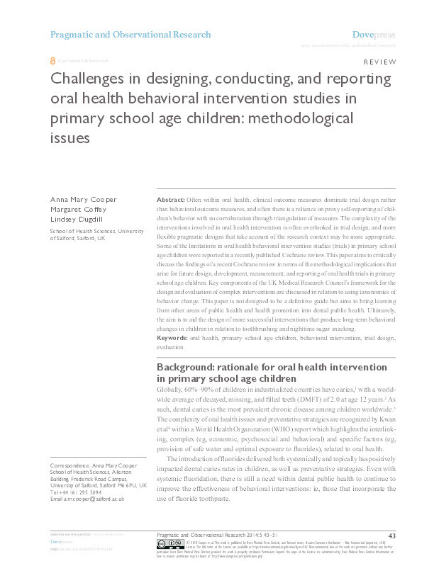 Challenges in designing, conducting, and reporting oral health behavioral intervention studies in primary school age children : methodological issues Thumbnail