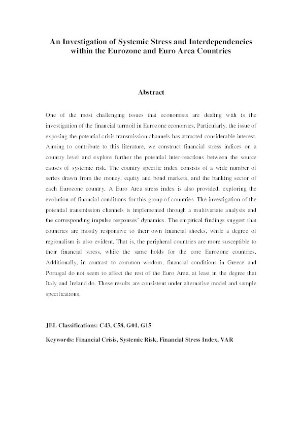An investigation of systemic stress and interdependencies within the Eurozone and Euro area countries Thumbnail