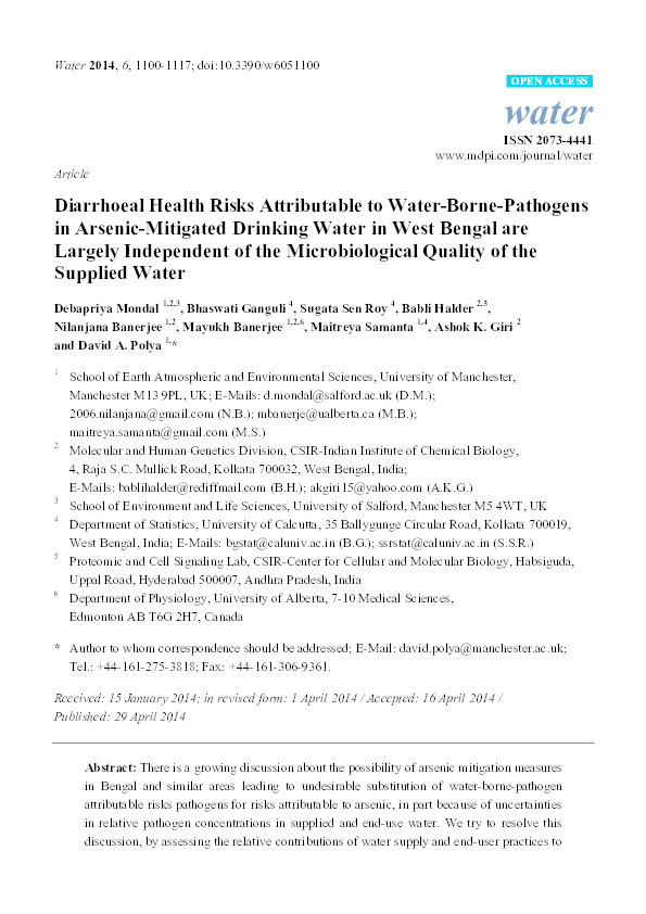 Diarrhoeal health risks attributable to water-borne-pathogens
in arsenic-mitigated drinking water in West Bengal are
largely independent of the microbiological quality of the
supplied water Thumbnail