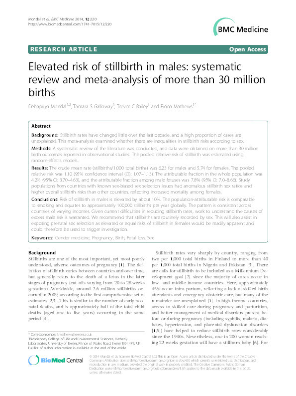 Elevated risk of stillbirth in males : systematic review and meta-analysis of more than 30 million births Thumbnail