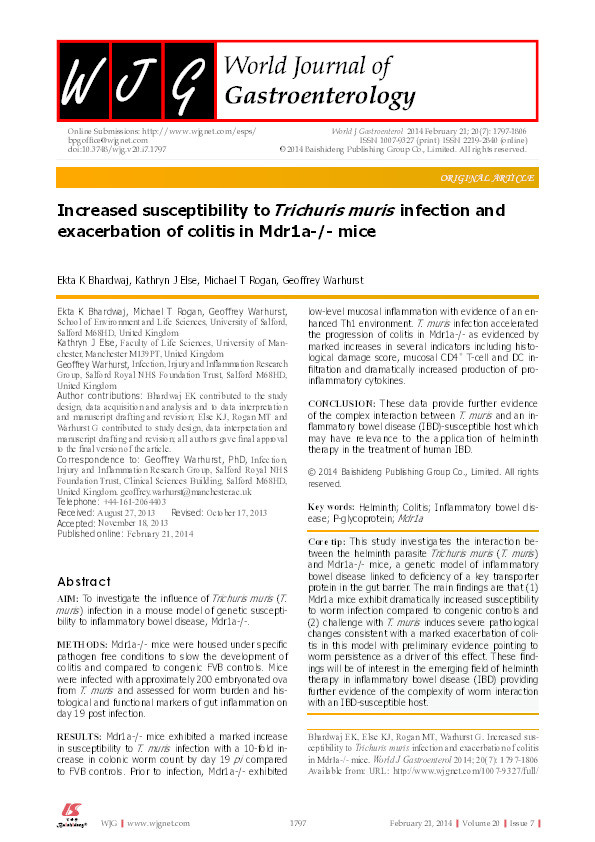 Increased susceptibility to Trichuris muris infection and
exacerbation of colitis in Mdr1a-/- mice Thumbnail