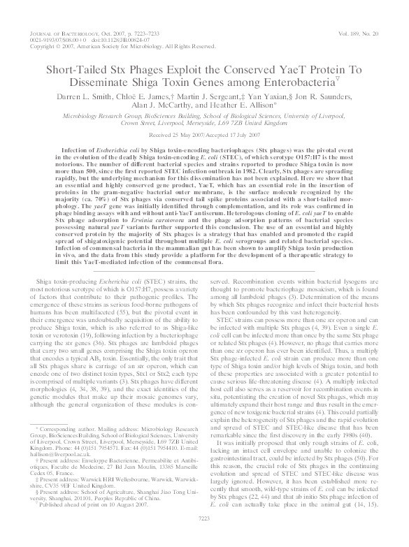 Short-tailed stx phages exploit the conserved YaeT protein to disseminate shiga toxin genes among enterobacteria Thumbnail