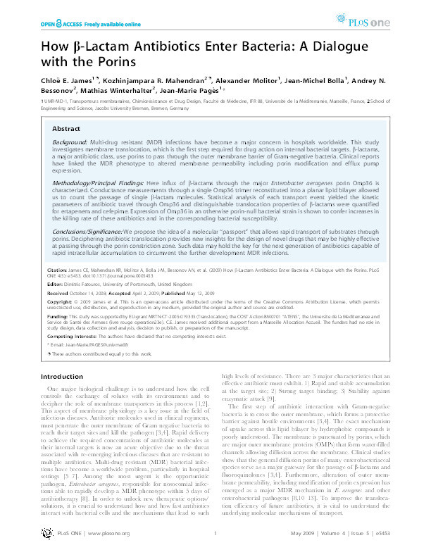 How beta-lactam antibiotics enter bacteria: a dialogue with the porins Thumbnail