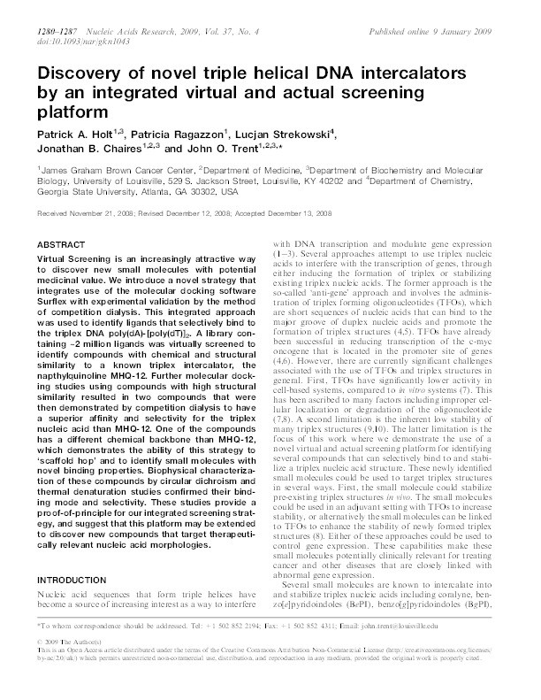 Discovery of novel triple helical DNA intercalators by an integrated virtual and actual screening platform Thumbnail