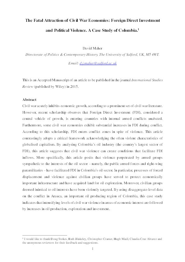 The fatal attraction of civil war economies: foreign direct investment and political violence. A case study of Colombia Thumbnail