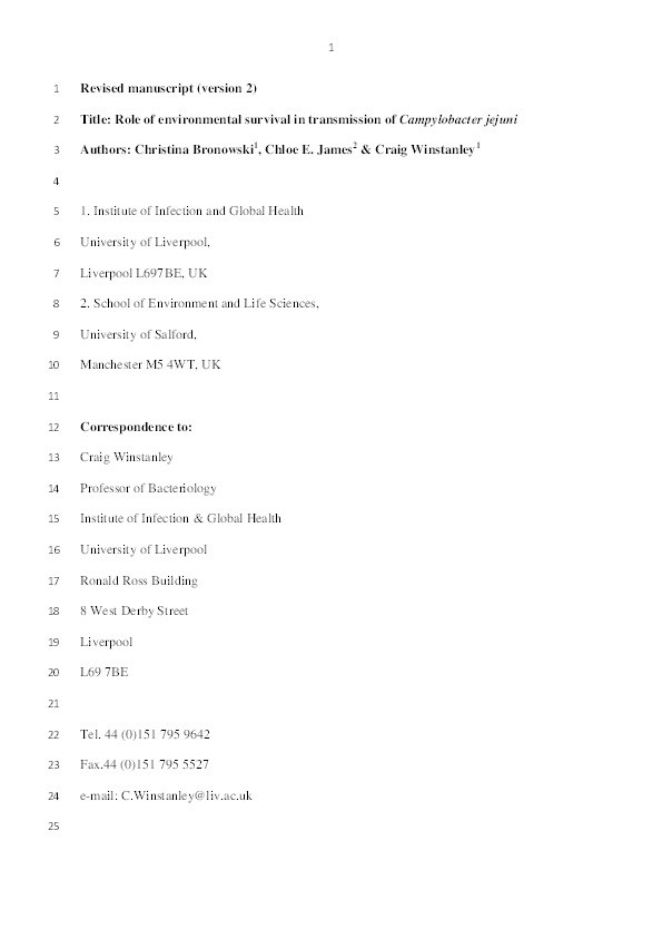 Role of environmental survival in transmission of Campylobacter Jejuni Thumbnail