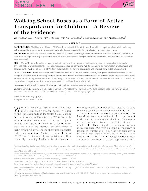 Walking school buses as a form of active transportation for children : A review of the evidence Thumbnail