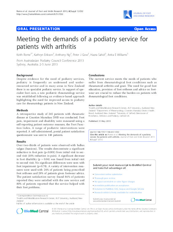 Meeting the demands of a podiatry service for patients with arthritis Thumbnail