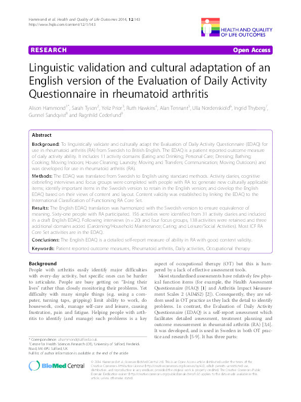 Linguistic validation and cultural adaptation of an English version of the Evaluation of Daily Activity Questionnaire in rheumatoid arthritis Thumbnail