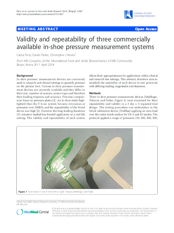 Validity and repeatability of three commercially available in-shoe pressure measurement systems Thumbnail
