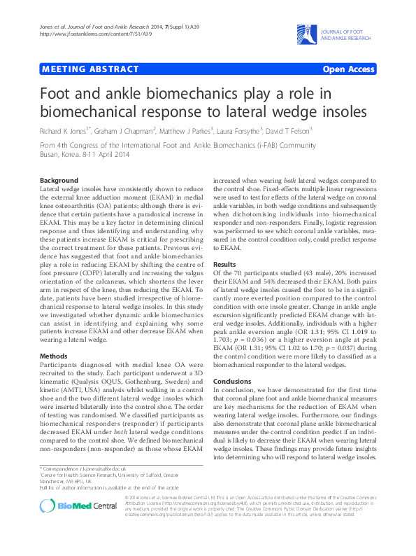 Foot and ankle biomechanics play a role in biomechanical response to lateral wedge insoles Thumbnail
