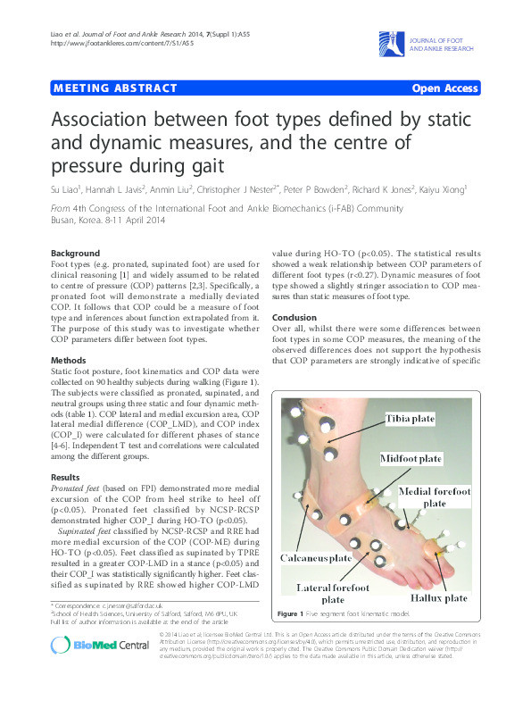 Association between foot types defined by static and dynamic measures, and the centre of pressure during gait Thumbnail