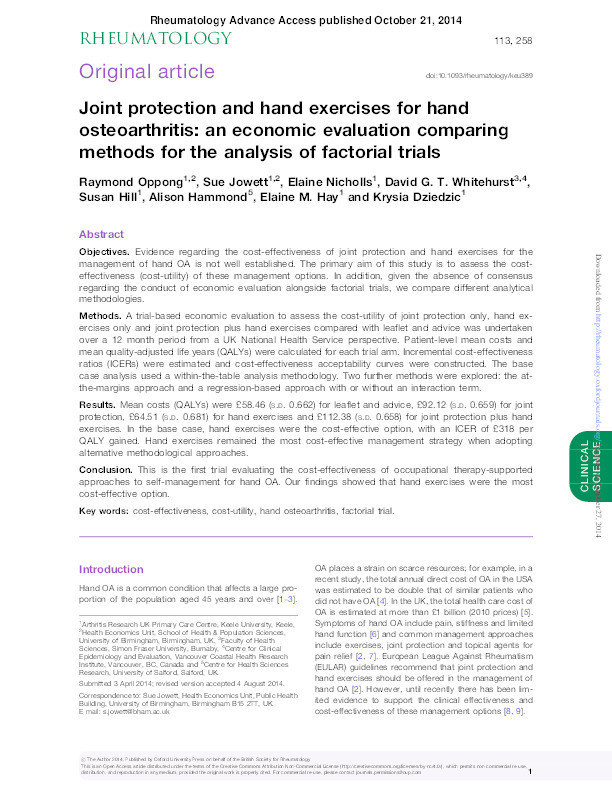 Joint protection and hand exercises for hand osteoarthritis: an economic evaluation comparing methods for the analysis of factorial data Thumbnail