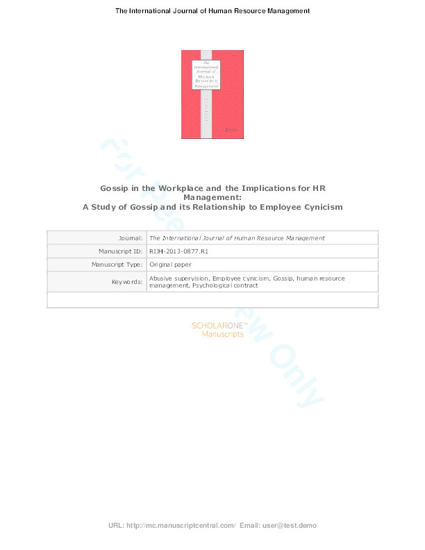 Gossip in the workplace and the implications for HR management : 
a study of gossip and its relationship to employee cynicism Thumbnail