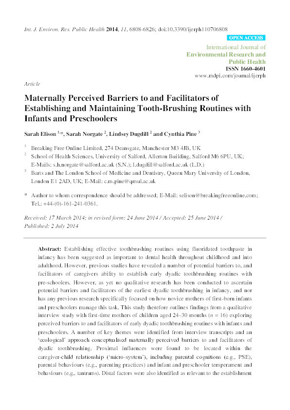 Maternally perceived barriers to and facilitators of establishing and maintaining tooth-brushing routines with infants and preschoolers Thumbnail