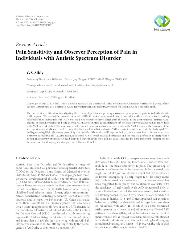 Pain sensitivity and observer perception of pain in individuals with Autistic Spectrum Disorder Thumbnail