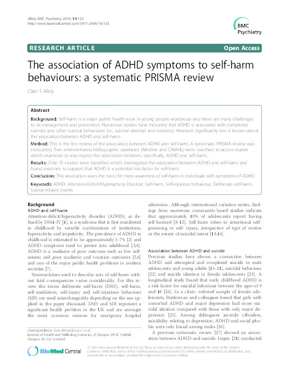 The association of ADHD symptoms to self-harm behaviours : a systematic PRISMA review Thumbnail