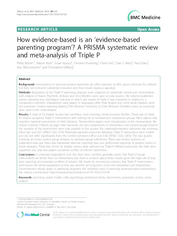 How evidence-based is an 'evidence-based parenting program'? A PRISMA systematic review and meta-analysis of Triple P Thumbnail