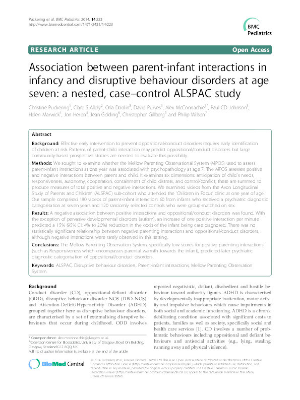 Association between parent-infant interactions in infancy and disruptive behaviour disorders at age seven: a nested, case–control ALSPAC study Thumbnail