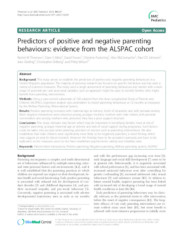 Predictors of positive and negative parenting behaviours: evidence from the ALSPAC cohort Thumbnail