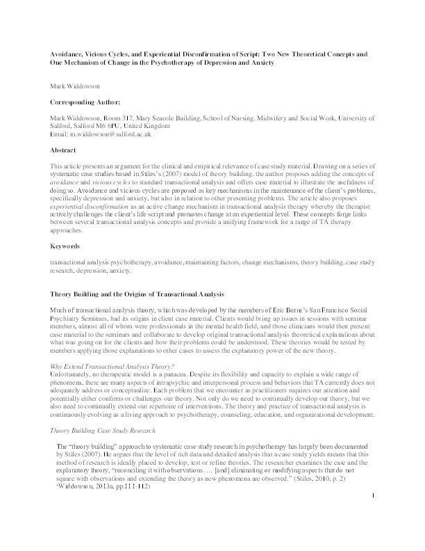 Avoidance, vicious cycles, and experiential disconfirmation of script: Two new theoretical concepts and one mechanism of change in the Psychotherapy of depression and anxiety Thumbnail