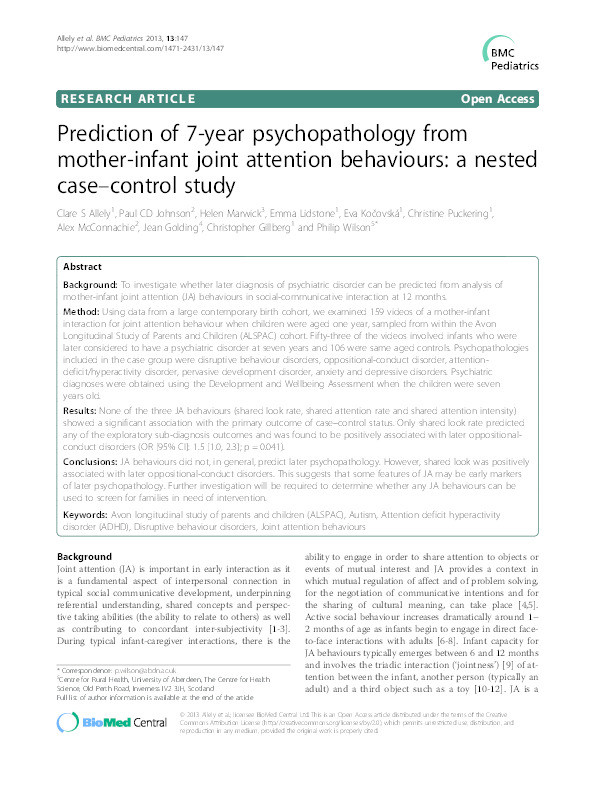 Prediction of 7-year psychopathology from mother-infant joint attention behaviours: a nested case–control study Thumbnail