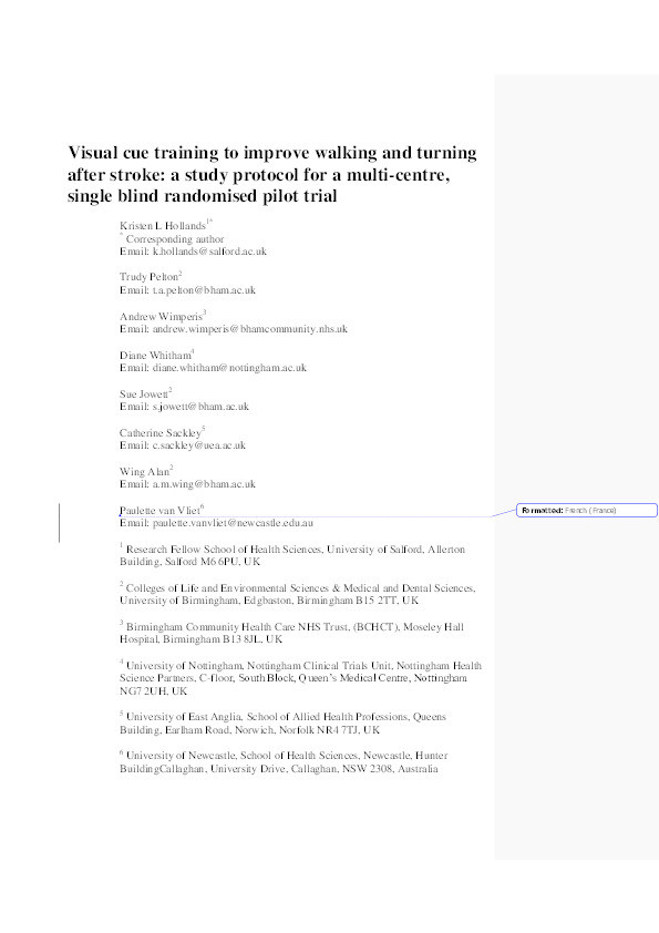 Visual cue training to improve walking and turning after stroke: a study protocol for a multi-centre, single blind randomised pilot trial Thumbnail
